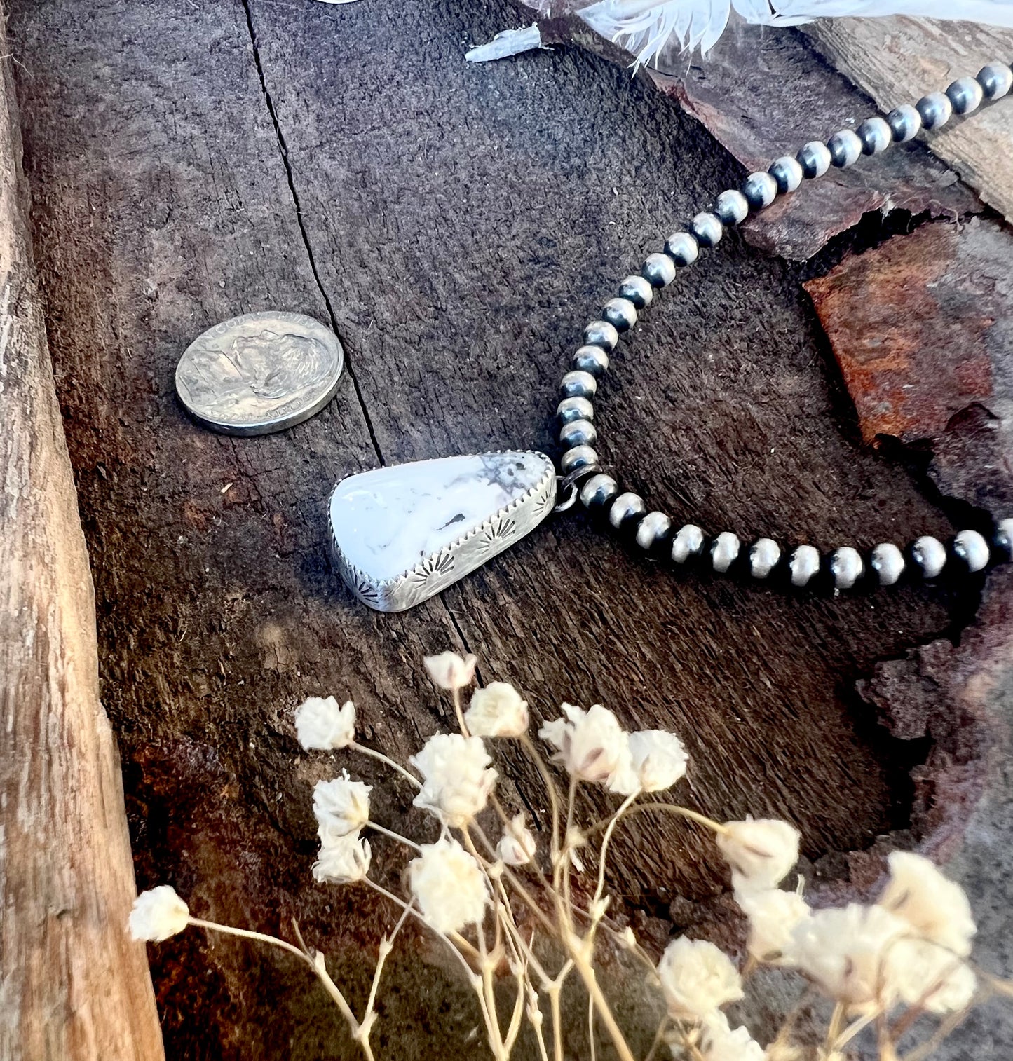 White Buffalo Pendant & Pearls